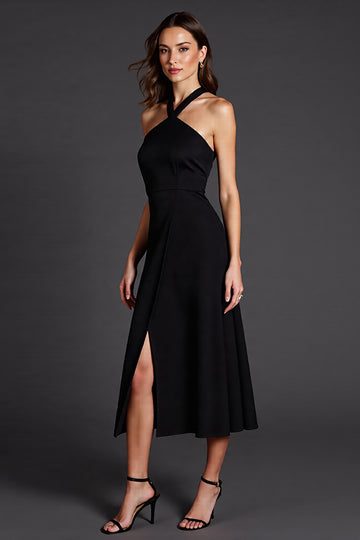 Halter Black A Line Formal Dress with Slit